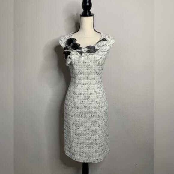Kay Unger Tweed Sleeveless Floral Appliqué and Ruffle Neckline Sheath Dress - Picture 16 of 16
